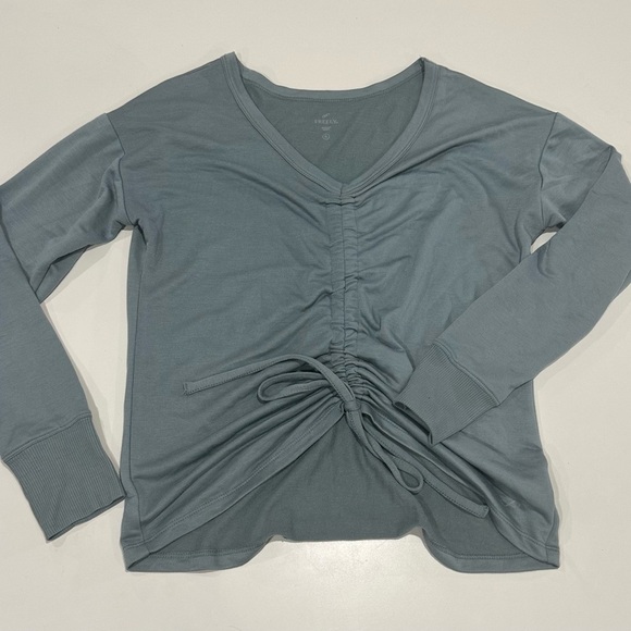 Freely Tops - Freely V-Neck Ruched Long Sleeve Top in Dusty Blue